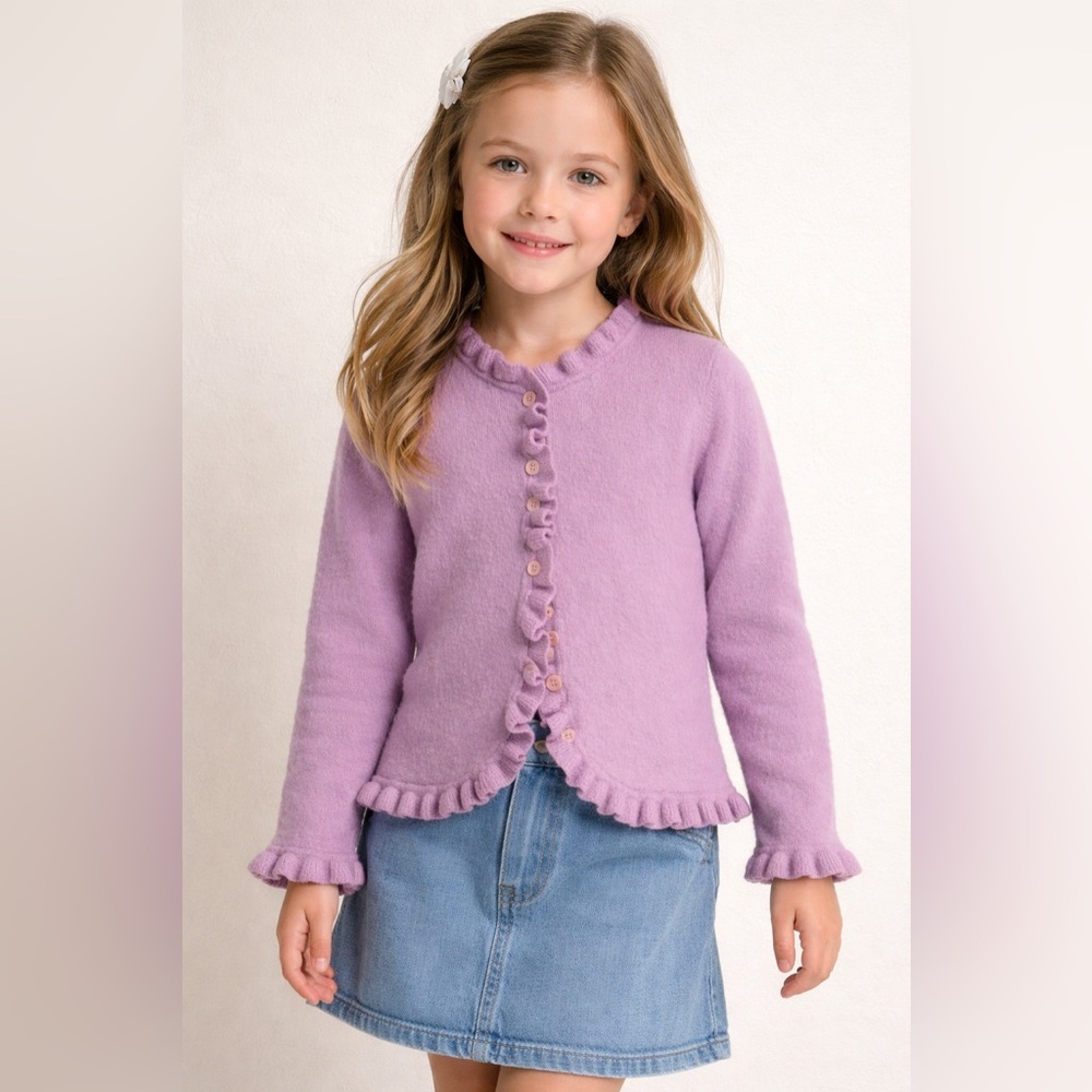 Pure Collection Girls' Lavender Ruffle Trim Cashmere Cardigan
